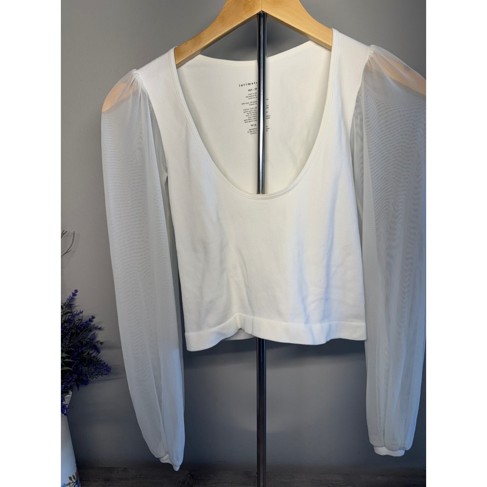 Intimately Free People White Ribbed Mesh Puff Sleeve Scoop Neck Top XS/S